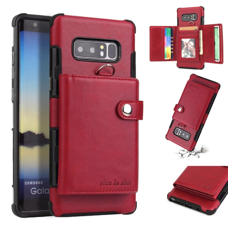 

For Galaxy Note 8 Shockproof PC + TPU Protective Case, with Card Slots & Wallet & Photo Frame & Lanyard(Wine)