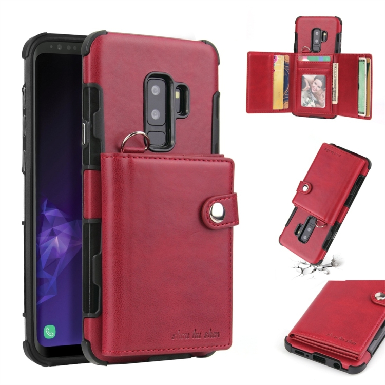 

For Galaxy S9 Plus Shockproof PC + TPU Protective Case, with Card Slots & Wallet & Photo Frame & Lanyard(Wine)