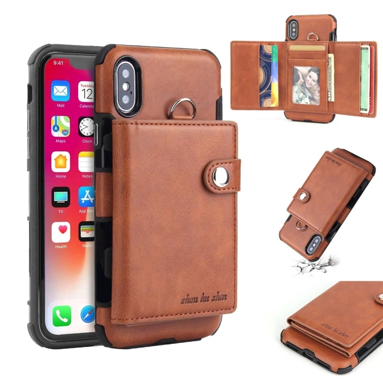 

For iPhone X Shockproof PC + TPU Protective Case, with Card Slots & Wallet & Photo Frame & Lanyard(Brown)