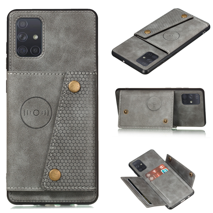 

For Samsung Galaxy A72 5G / 4G Double Buckle PU + TPU Shockproof Magnetic Protective Case with Card Slot & Holder(Grey)