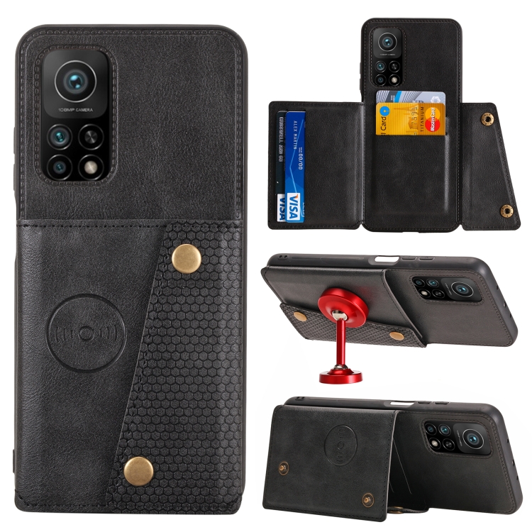 

For Xiaomi Mi 10T Pro 5G Double Buckle PU + TPU Shockproof Magnetic Protective Case with Card Slot & Holder(Black)