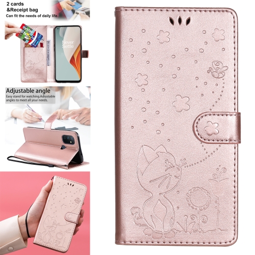 

For OnePlus Nord N100 5G Cat Bee Embossing Pattern Shockproof Horizontal Flip Leather Case with Holder & Card Slots & Wallet(Rose Gold)