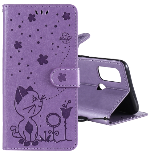 

For OPPO A53 (2020) / A53s Cat Bee Embossing Pattern Shockproof Horizontal Flip Leather Case with Holder & Card Slots & Wallet(Purple)