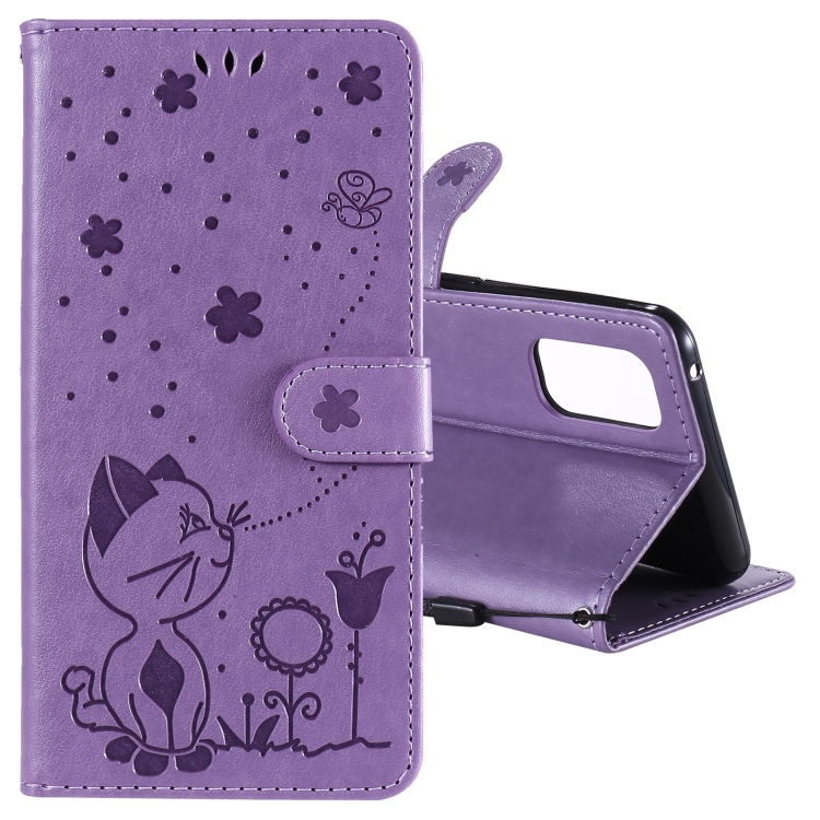 

For OPPO Realme 7 Pro Cat Bee Embossing Pattern Shockproof Horizontal Flip Leather Case with Holder & Card Slots & Wallet(Purple)