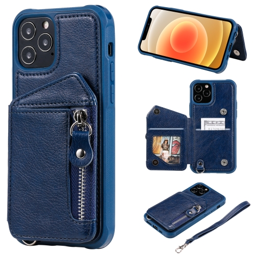 

Zipper Double Buckle Shockproof Protective Case with Stand & Photo Holder & Wallet Function For iPhone 12 / 12 Pro(Blue)