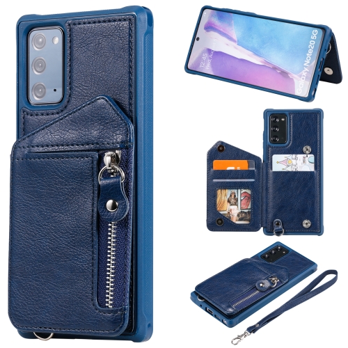 

For Samsung Galaxy Note20 Zipper Double Buckle Shockproof Protective Case with Stand & Photo Holder & Wallet Function(Blue)