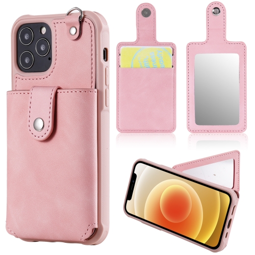 

Shockproof Protective Case with Mirror & Card Slot & Short Lanyard For iPhone 12 / 12 Pro(Pink)