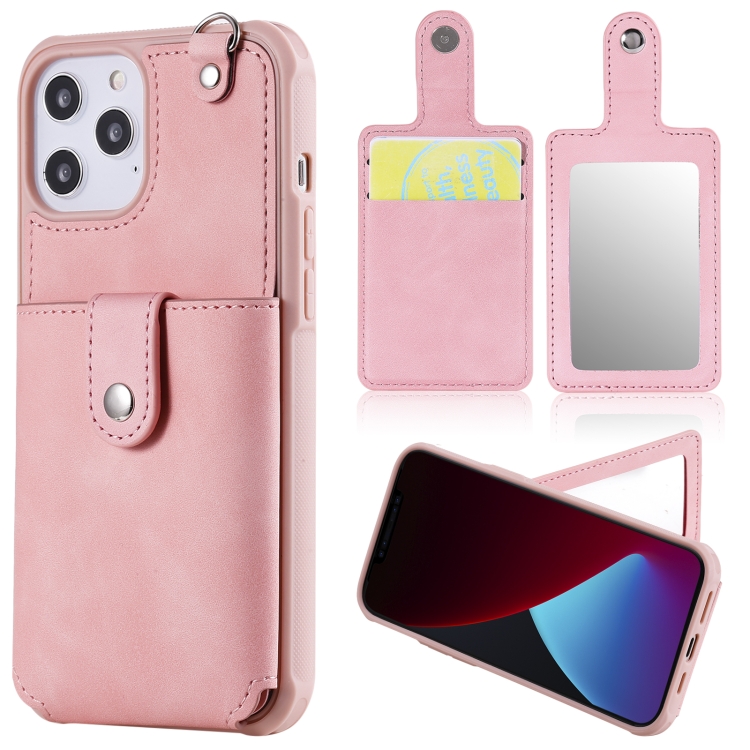 

Shockproof Protective Case with Mirror & Card Slot & Short Lanyard For iPhone 12 Pro Max(Pink)