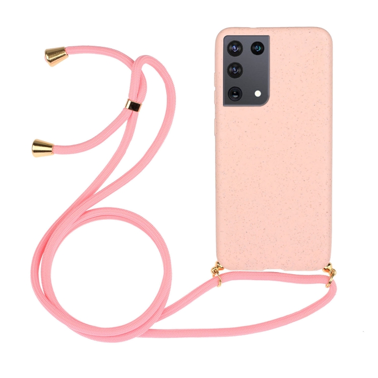 

For Samsung Galaxy S21 Ultra 5G Wheat Straw Material + TPU Protective Case with Lanyard(Pink)