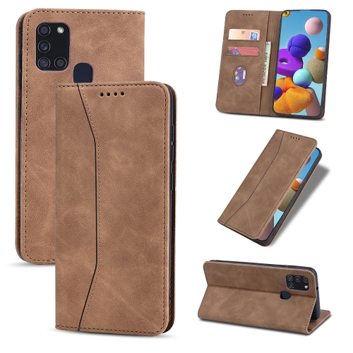 

For Samsung Galaxy A21s Skin-feel Calfskin Texture Magnetic Dual-Fold Horizontal Flip Leather Case with Holder & Card Slots & Wallet(Brown)
