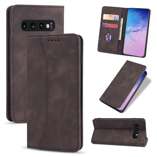 

For Samsung Galaxy S10 Skin-feel Calfskin Texture Magnetic Dual-Fold Horizontal Flip Leather Case with Holder & Card Slots & Wallet(Brown)