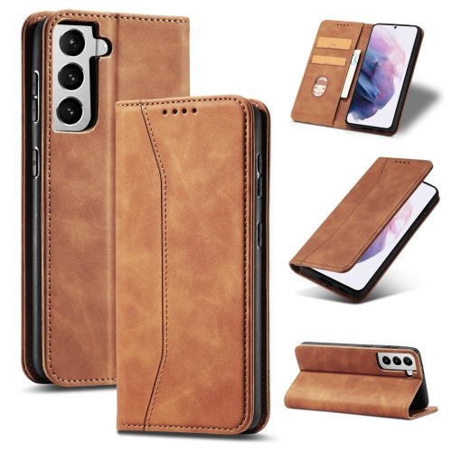 

For Samsung Galaxy S21 5G Skin-feel Calfskin Texture Magnetic Dual-Fold Horizontal Flip Leather Case with Holder & Card Slots & Wallet(Brown)