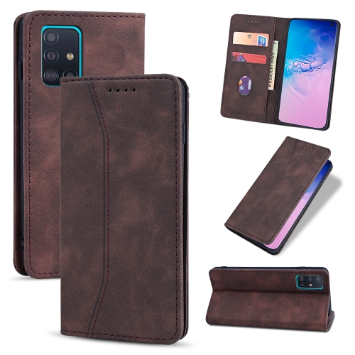 

For Samsung Galaxy A51 4G Skin-feel Calfskin Texture Magnetic Dual-Fold Horizontal Flip Leather Case with Holder & Card Slots & Wallet(Brown)
