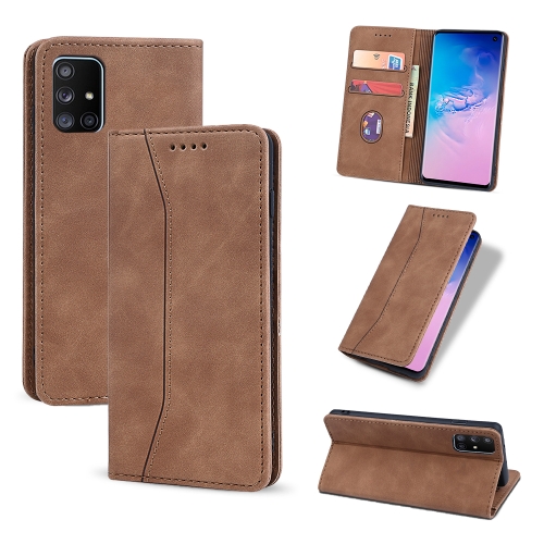 

For Samsung Galaxy A71 4G Skin-feel Calfskin Texture Magnetic Dual-Fold Horizontal Flip Leather Case with Holder & Card Slots & Wallet(Brown)