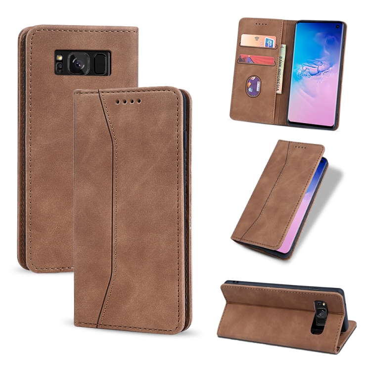 

For Samsung Galaxy S8+ Skin-feel Calfskin Texture Magnetic Dual-Fold Horizontal Flip Leather Case with Holder & Card Slots & Wallet(Brown)
