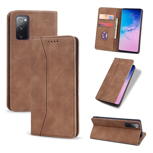 

For Samsung Galaxy S20 FE Skin-feel Calfskin Texture Magnetic Dual-Fold Horizontal Flip Leather Case with Holder & Card Slots & Wallet(Brown)