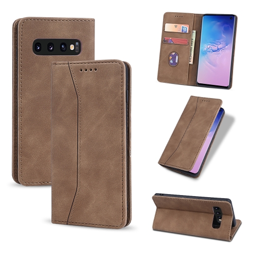 

For Samsung Galaxy S10+ Skin-feel Calfskin Texture Magnetic Dual-Fold Horizontal Flip Leather Case with Holder & Card Slots & Wallet(Brown)