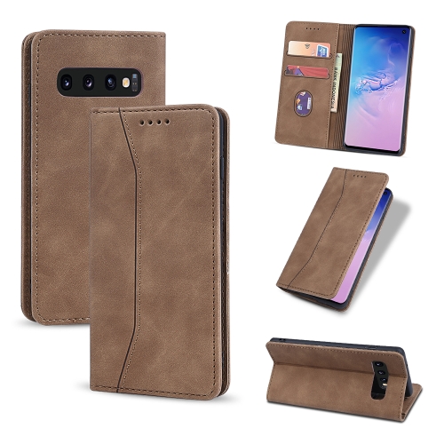 

For Samsung Galaxy S10e Skin-feel Calfskin Texture Magnetic Dual-Fold Horizontal Flip Leather Case with Holder & Card Slots & Wallet(Brown)