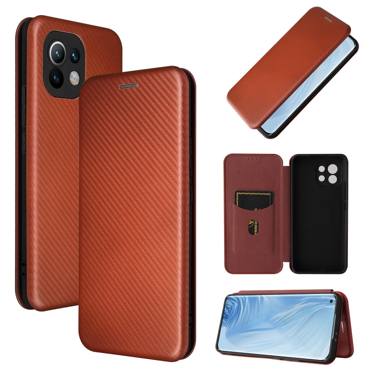 

For Xiaomi Mi 11 Carbon Fiber Texture Magnetic Horizontal Flip TPU + PC + PU Leather Case with Card Slot(Brown)