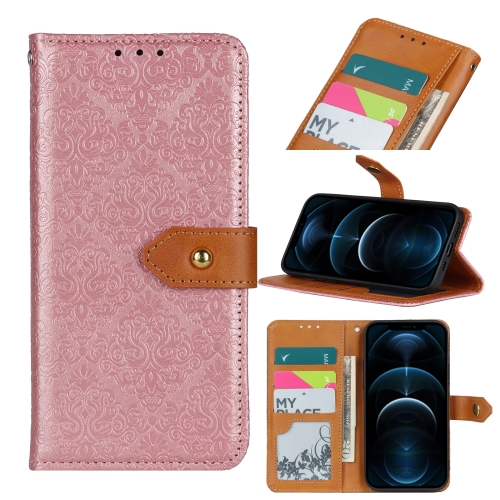 

European Floral Embossed Copper Buckle Horizontal Flip PU Leather Case with Holder & Card Slots & Wallet & Photo Frame For iPhone 12 Pro Max(Pink)