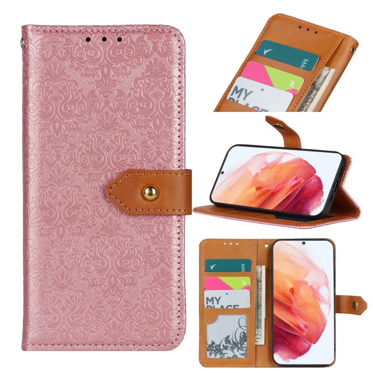 

For Samsung Galaxy S21 5G European Floral Embossed Copper Buckle Horizontal Flip PU Leather Case with Holder & Card Slots & Wallet & Photo Frame(Pink)