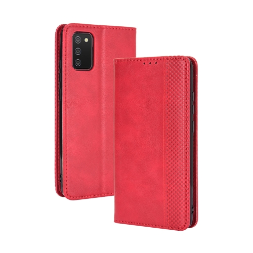 

For Samsung Galaxy A02s (US Version) Magnetic Buckle Retro Crazy Horse Texture Horizontal Flip Leather Case with Holder & Card Slots & Photo Frame(Red)
