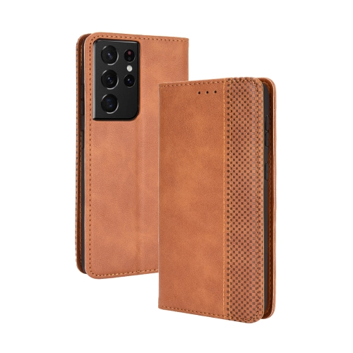 

For Samsung Galaxy S21 Ultra 5G Magnetic Buckle Retro Crazy Horse Texture Horizontal Flip Leather Case with Holder & Card Slots & Photo Frame(Brown)