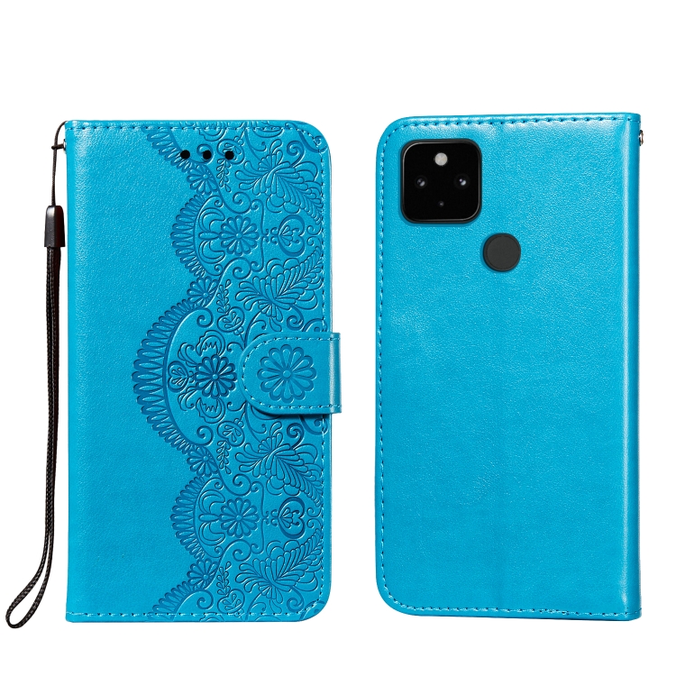 

For Google Pixel 4A 5G Flower Vine Embossing Pattern Horizontal Flip Leather Case with Card Slot & Holder & Wallet & Lanyard(Blue)