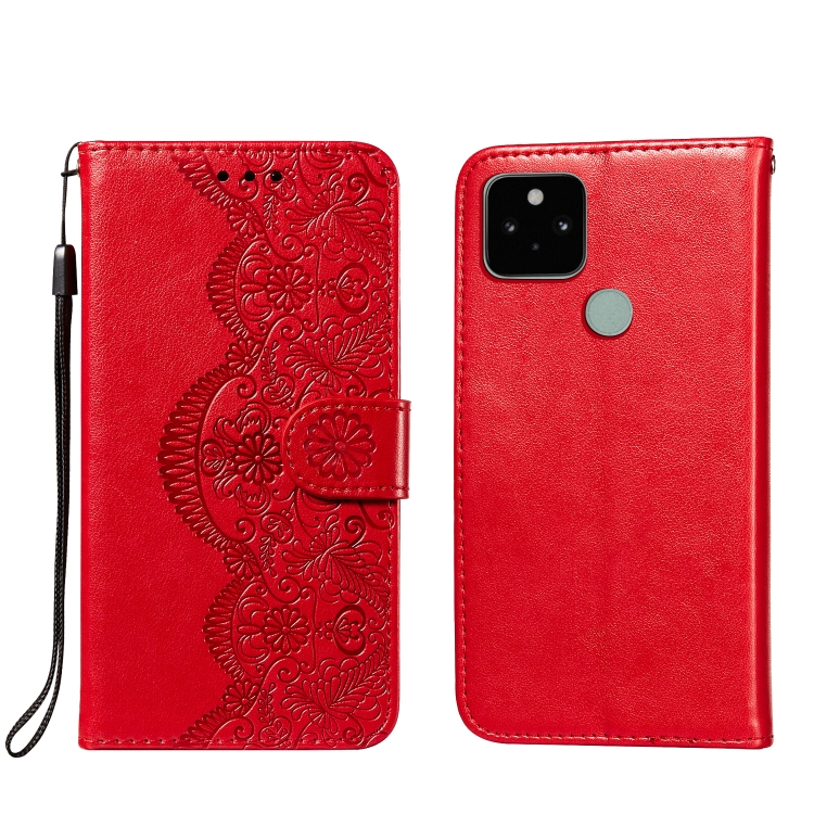 

For Google Pixel 5 Flower Vine Embossing Pattern Horizontal Flip Leather Case with Card Slot & Holder & Wallet & Lanyard(Red)