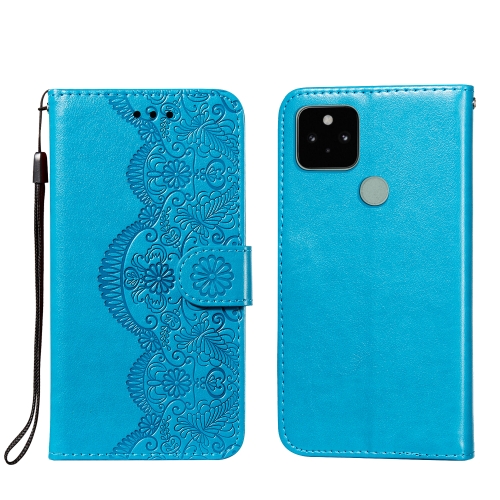 

For Google Pixel 5 Flower Vine Embossing Pattern Horizontal Flip Leather Case with Card Slot & Holder & Wallet & Lanyard(Blue)