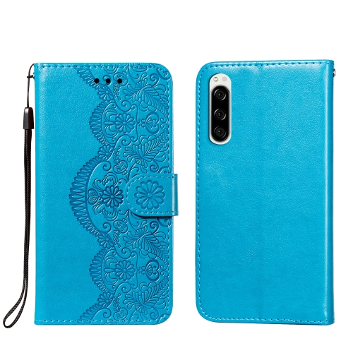 

For Sony Xperia 5 Flower Vine Embossing Pattern Horizontal Flip Leather Case with Card Slot & Holder & Wallet & Lanyard(Blue)