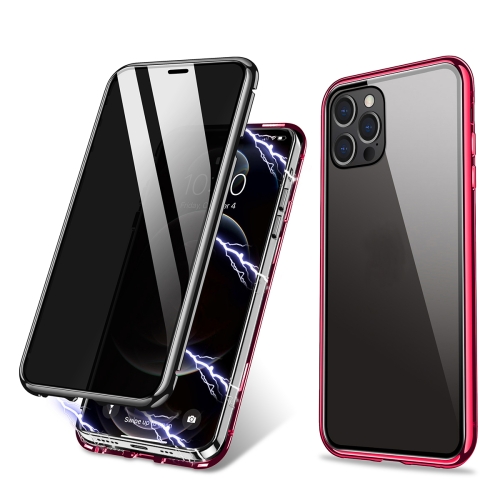 

R-JUST Four-corner Shockproof Anti-peeping Magnetic Gradient Metal Frame Double-sided Tempered Glass Case For iPhone 12 Mini(Black Red)