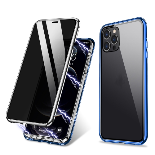

R-JUST Four-corner Shockproof Anti-peeping Magnetic Gradient Metal Frame Double-sided Tempered Glass Case For iPhone 12 Pro Max(Silver Blue)