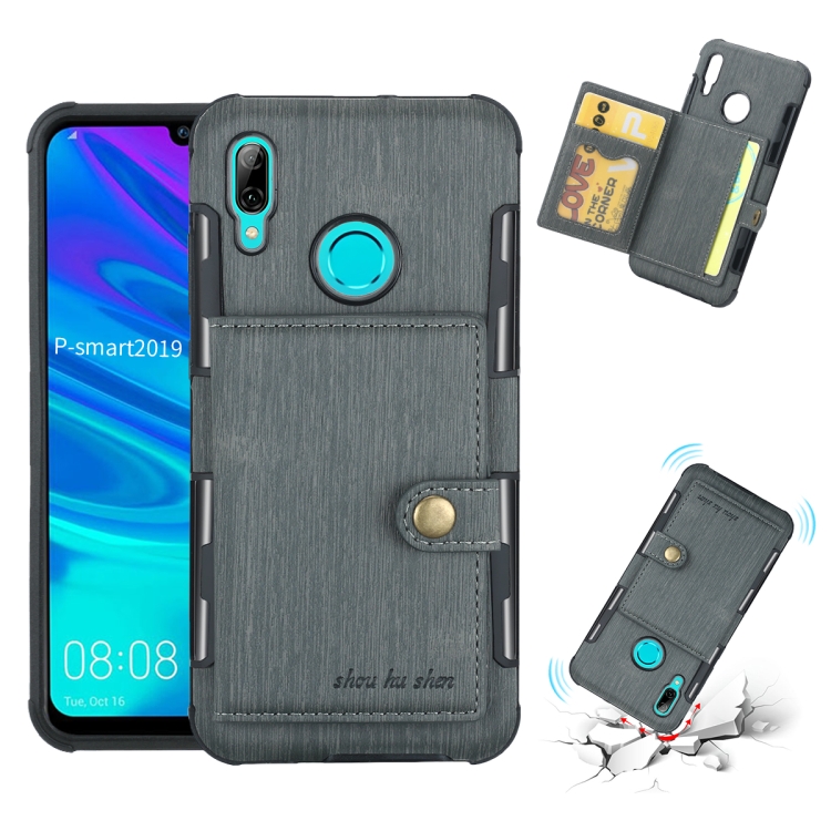 

For Huawei P Smart (2019) Brushed Texture Shockproof PU + TPU Case, with Card Slots & Wallet & Photo Frame(Grey)
