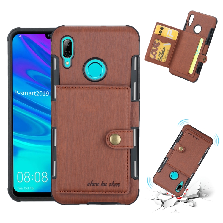 

For Huawei P Smart (2019) Brushed Texture Shockproof PU + TPU Case, with Card Slots & Wallet & Photo Frame(Brown)