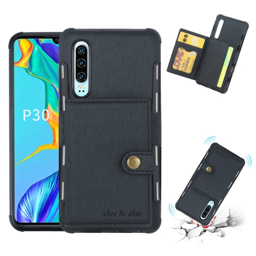 

For Huawei P30 Brushed Texture Shockproof PU + TPU Case, with Card Slots & Wallet & Photo Frame(Black)