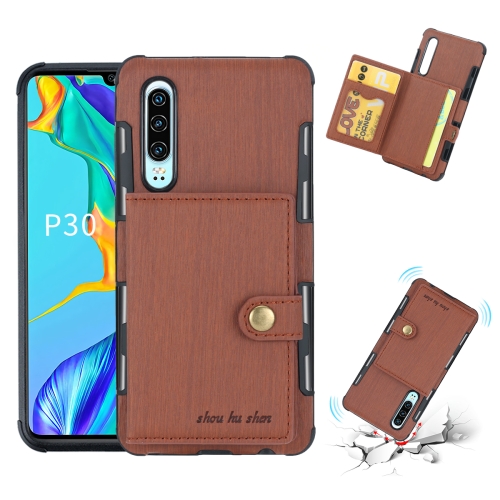 

For Huawei P30 Brushed Texture Shockproof PU + TPU Case, with Card Slots & Wallet & Photo Frame(Brown)