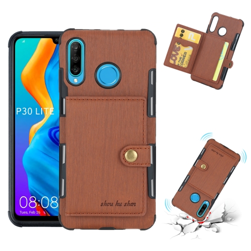 

For Huawei P30 Lite Brushed Texture Shockproof PU + TPU Case, with Card Slots & Wallet & Photo Frame(Brown)