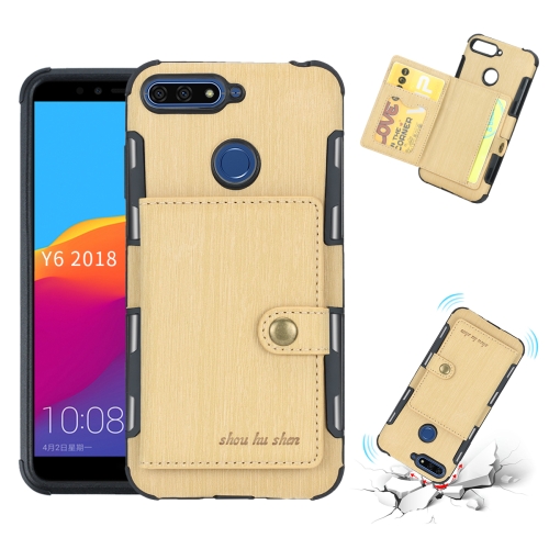 

For Huawei Y6 (2018) Brushed Texture Shockproof PU + TPU Case, with Card Slots & Wallet & Photo Frame(Gold)