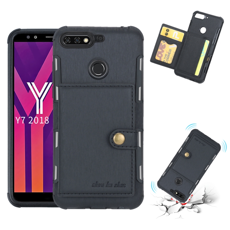 

For Huawei Y7 (2018) Brushed Texture Shockproof PU + TPU Case, with Card Slots & Wallet & Photo Frame(Black)