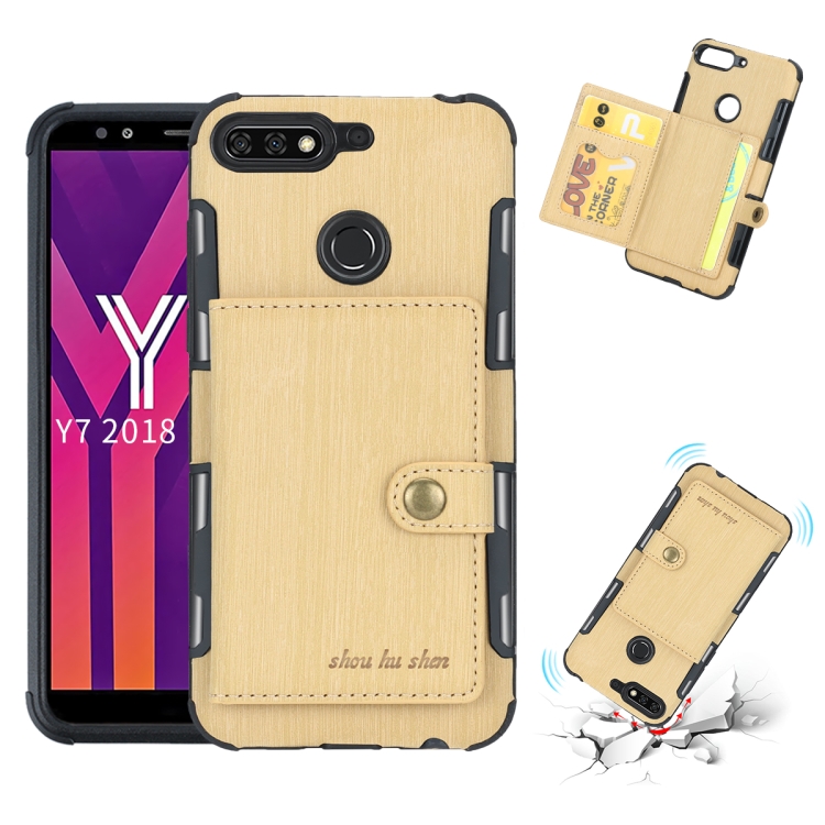 

For Huawei Y7 (2018) Brushed Texture Shockproof PU + TPU Case, with Card Slots & Wallet & Photo Frame(Gold)