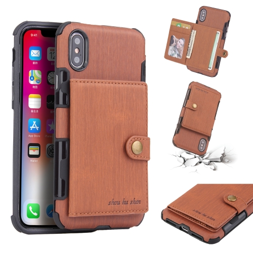 

For iPhone XS / X Brushed Texture Shockproof PU + TPU Case, with Card Slots & Wallet & Photo Frame(Brown)