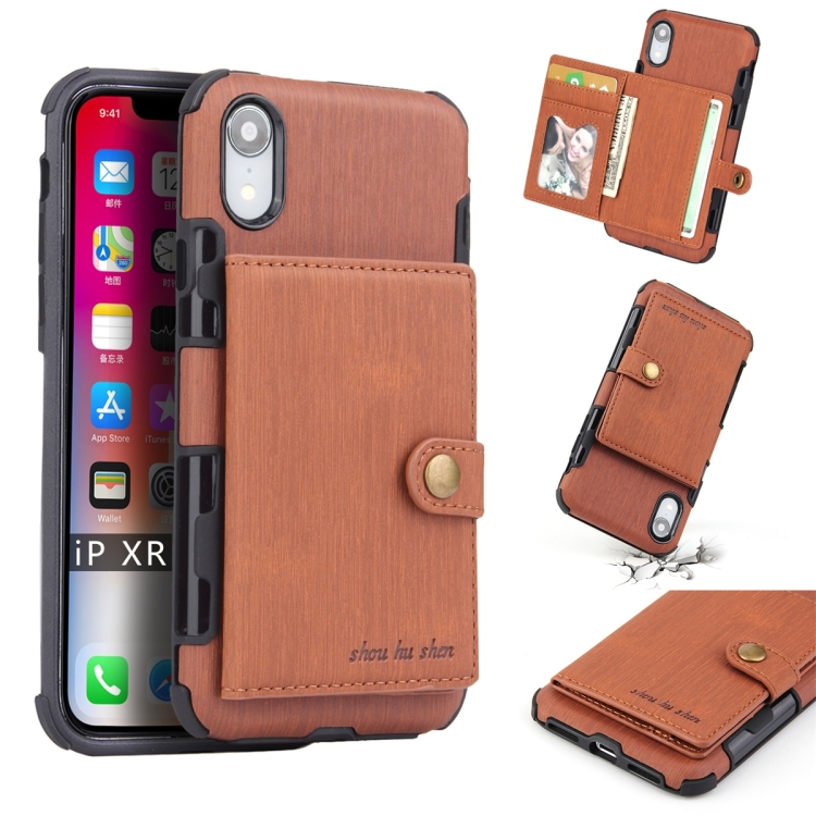 

For iPhone XR Brushed Texture Shockproof PU + TPU Case, with Card Slots & Wallet & Photo Frame(Brown)