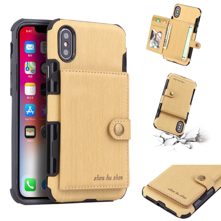 

For iPhone XS Max Brushed Texture Shockproof PU + TPU Case, with Card Slots & Wallet & Photo Frame(Gold)