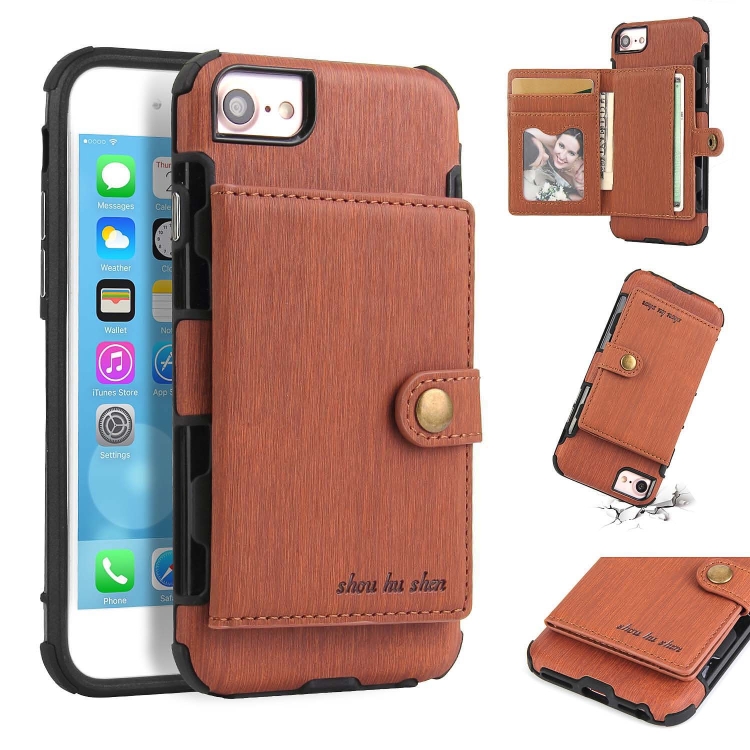 

For iPhone 8 / 7 Brushed Texture Shockproof PU + TPU Case, with Card Slots & Wallet & Photo Frame(Brown)