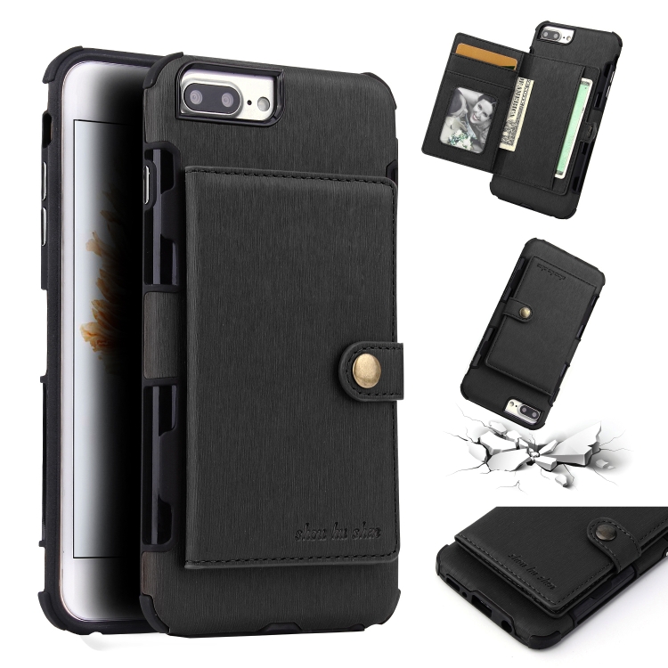 

For iPhone 8 Plus / 7 Plus Brushed Texture Shockproof PU + TPU Case, with Card Slots & Wallet & Photo Frame(Black)