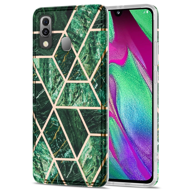 

For Samsung Galaxy A40 Electroplating Stitching Marbled IMD Stripe Straight Edge Rubik Cube Phone Protective Case(Emerald Green)