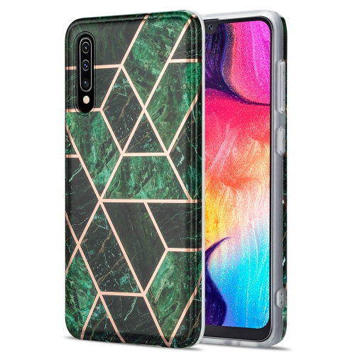 

For Samsung Galaxy A50 / A30s / A50s Electroplating Stitching Marbled IMD Stripe Straight Edge Rubik Cube Phone Protective Case(Emerald Green)