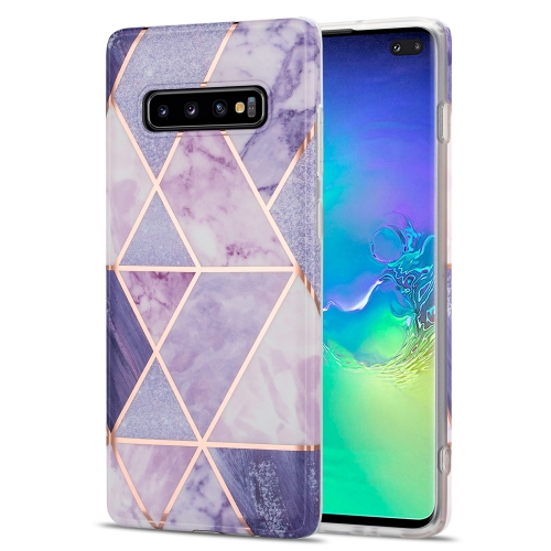 

For Samsung Galaxy S10+ Electroplating Stitching Marbled IMD Stripe Straight Edge Rubik Cube Phone Protective Case(Light Purple)