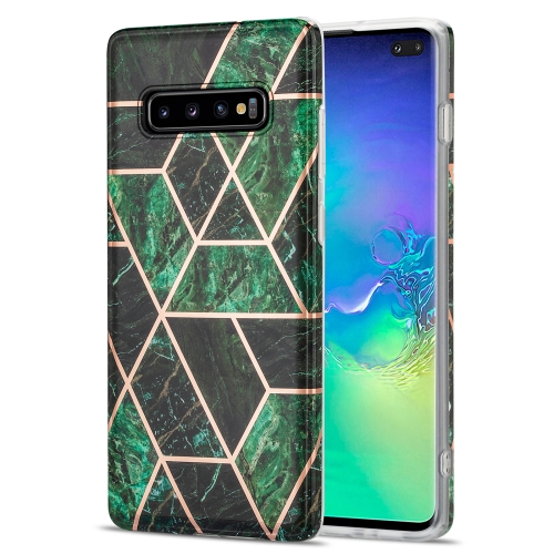 

For Samsung Galaxy S10+ Electroplating Stitching Marbled IMD Stripe Straight Edge Rubik Cube Phone Protective Case(Emerald Green)